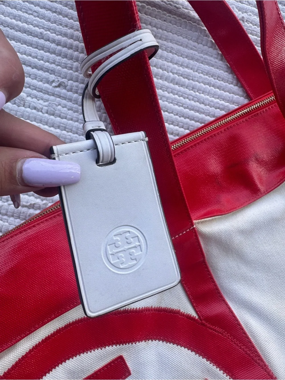 Tory Burch Ella Tote Red Canvas Beach Travel Bag Large Fair Condition